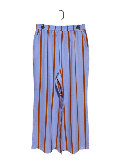 |L| WAIST 30| B27| LIGHT BLUE AND ORANGE VERTICAL STRIPED WIDE-LEG TROUSERS