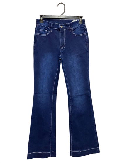 |M| WAIST 28| B27| DARK WASH HIGH-WAISTED FLARED JEANS WITH CONTRAST STITCHING