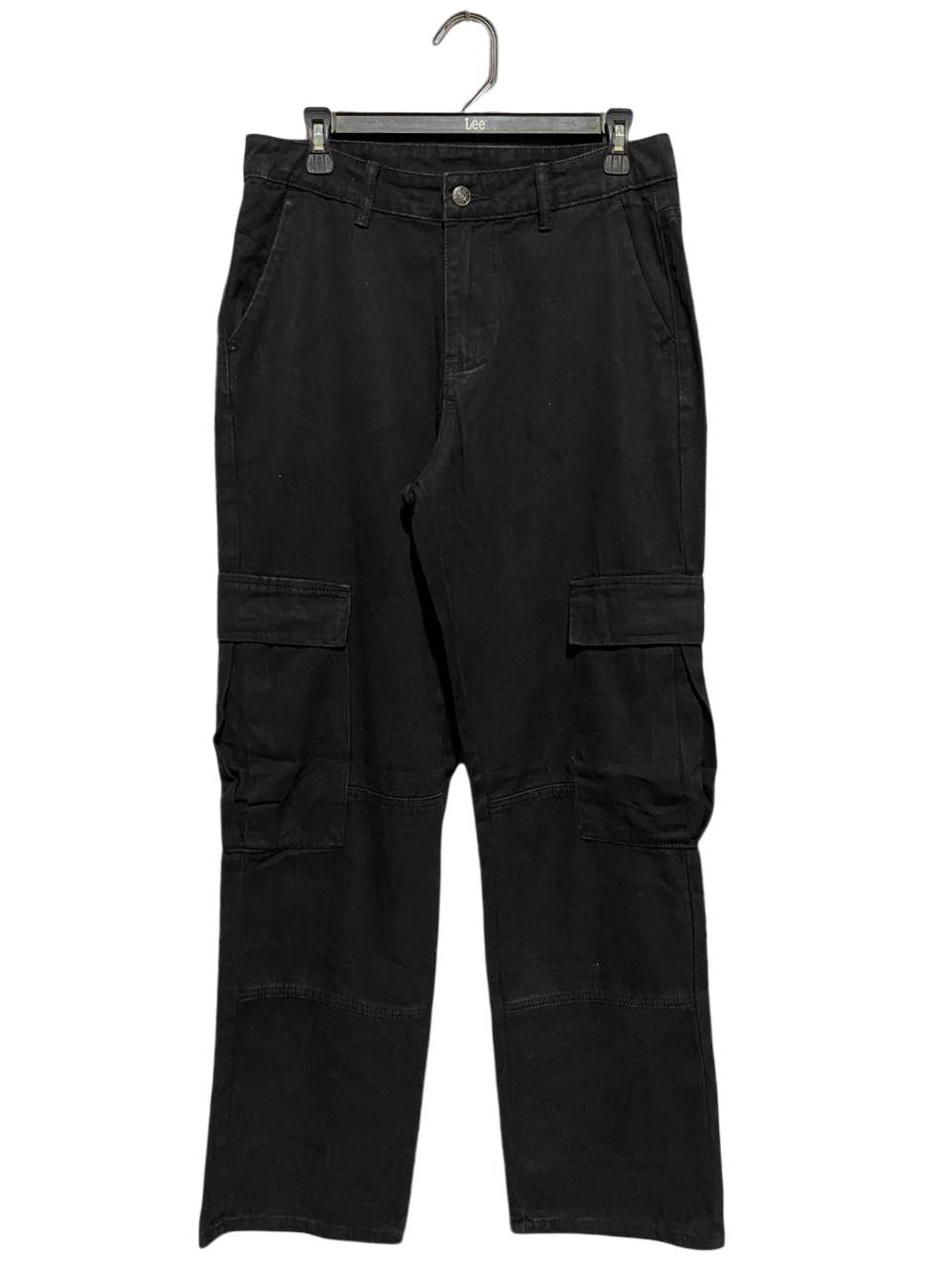 MANFINITY |XL| WAIST 32| B27| WOMEN'S PREMIUM SOLID BLACK HIGH-RISE CARGO PANTS – STRAIGHT-LEG UTILITY STREETWEAR DENIM TROUSERS