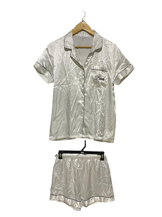 GET SPLICED |M| B27| WOMEN'S PREMIUM WHITE SATIN BRIDE 2-PIECE PAJAMA SET
