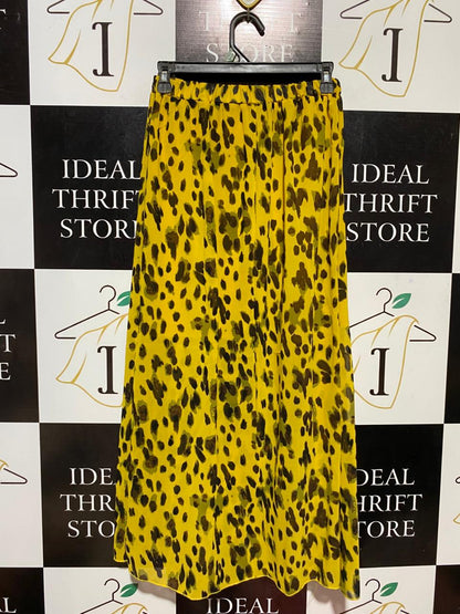 VALLEY GILR | XS| WAIST 24| B27| WOMEN'S MUSTARD YELLOW LEOPARD PRINT MAXI SKIRT – BUTTON-FRONT BOHO CHIC LONG SKIRT