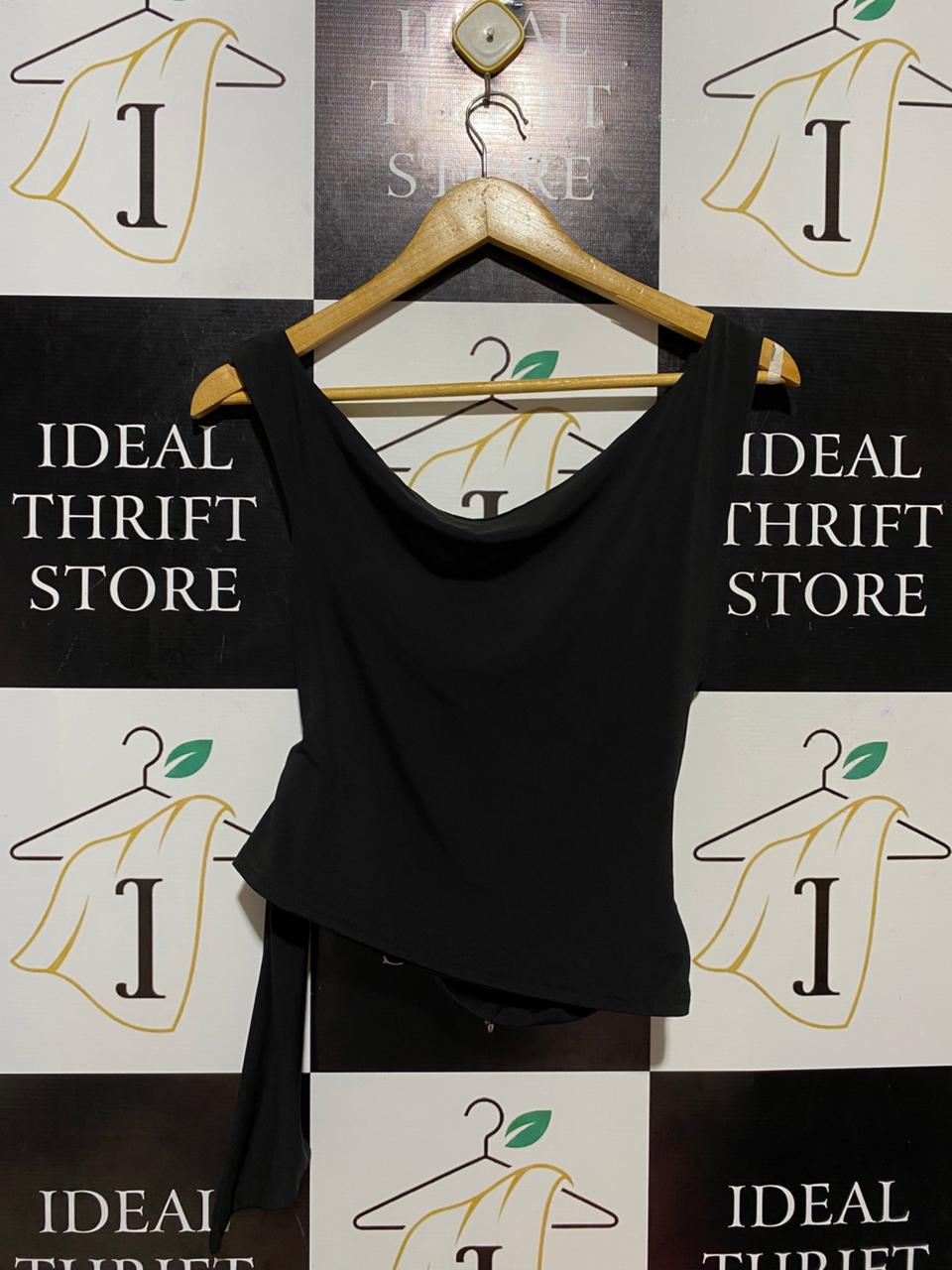 GLASSONS |M| BUST 15| B27| WOMEN'S RECYCLED BLEND ASYMMETRIC WRAP TANK – PREMIUM SOLID BLACK COWL NECK SLEEVELESS TOP