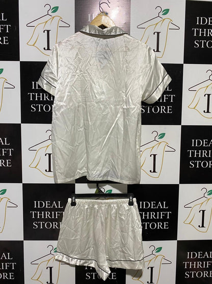 GET SPLICED |M| B27| WOMEN'S PREMIUM WHITE SATIN BRIDE 2-PIECE PAJAMA SET