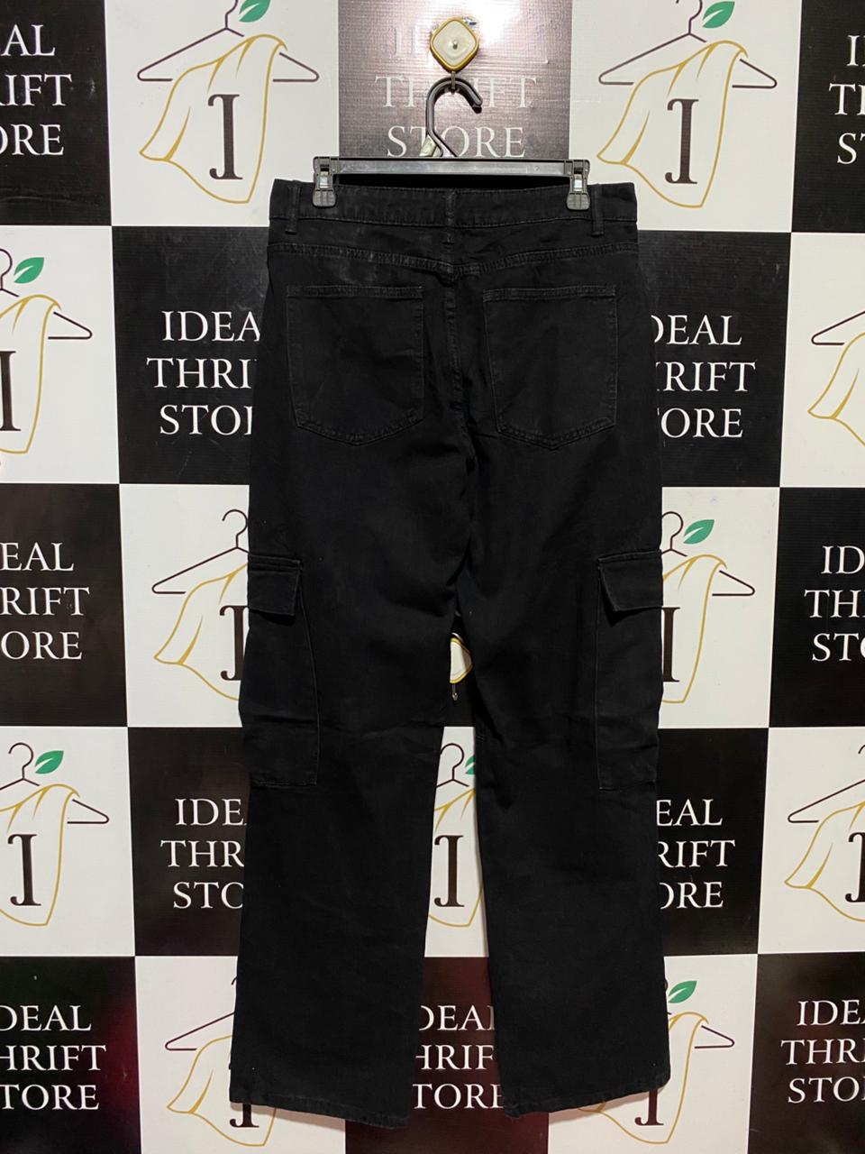 MANFINITY |XL| WAIST 32| B27| WOMEN'S PREMIUM SOLID BLACK HIGH-RISE CARGO PANTS – STRAIGHT-LEG UTILITY STREETWEAR DENIM TROUSERS