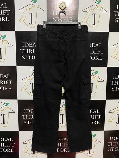 MANFINITY |XL| WAIST 32| B27| WOMEN'S PREMIUM SOLID BLACK HIGH-RISE CARGO PANTS – STRAIGHT-LEG UTILITY STREETWEAR DENIM TROUSERS