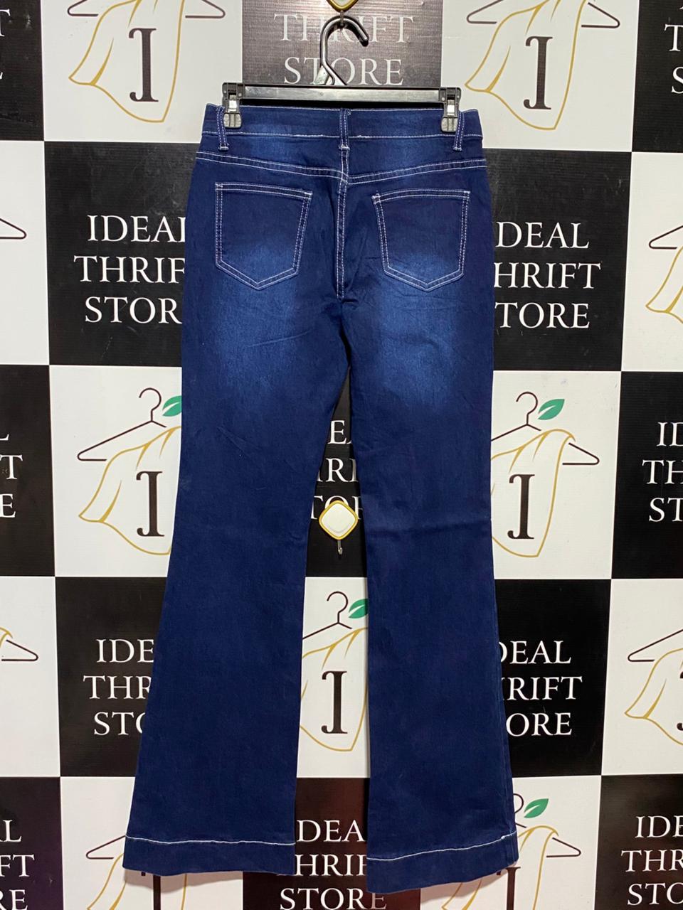 |M| WAIST 28| B27| DARK WASH HIGH-WAISTED FLARED JEANS WITH CONTRAST STITCHING