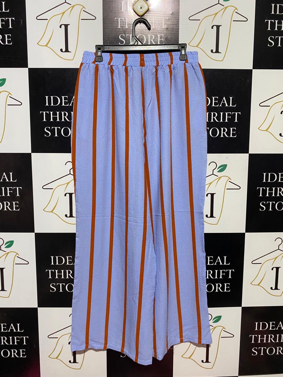 |L| WAIST 30| B27| LIGHT BLUE AND ORANGE VERTICAL STRIPED WIDE-LEG TROUSERS