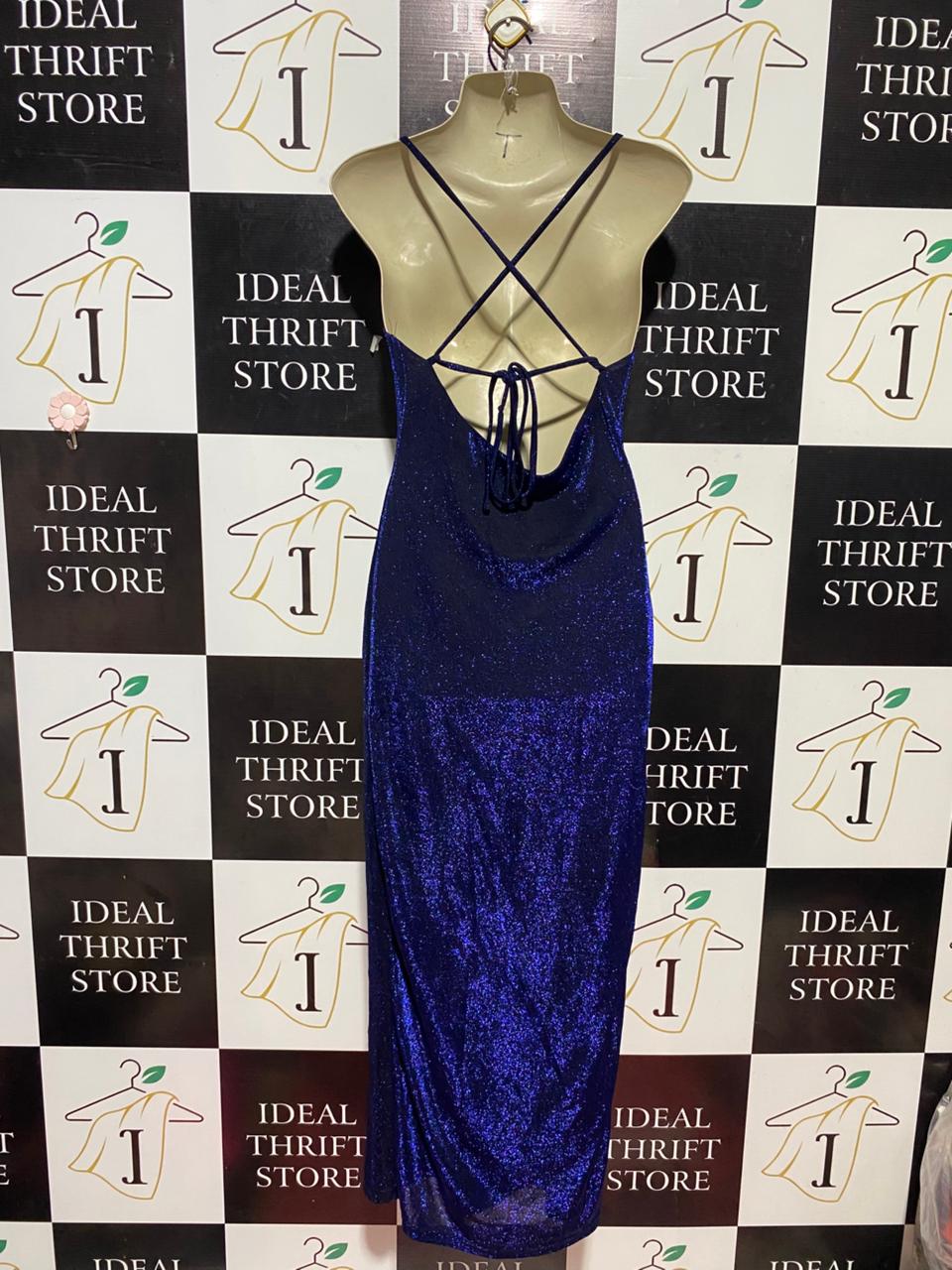 LUVALOT |M| BUST 16| B27| SHIMMERING ROYAL BLUE COWL NECK MAXI DRESS WITH SIDE SLIT