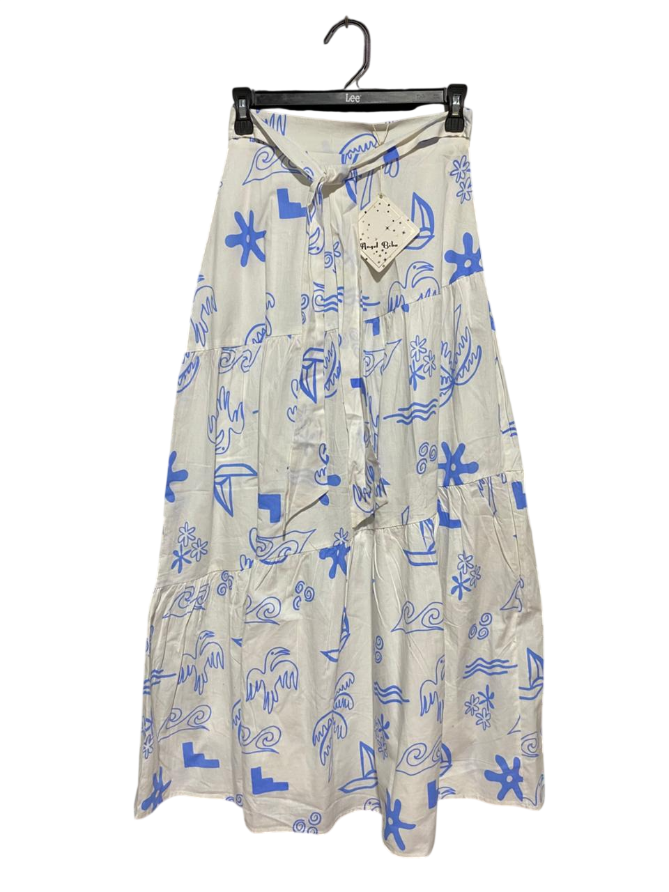ANGEL BIBO |XS| WAIST 24| B27| WHITE AND BLUE ABSTRACT DOODLE PRINT TIERED MAXI SKIRT WITH WAIST TIE