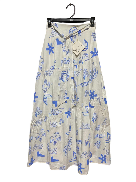 ANGEL BIBO |XS| WAIST 24| B27| WHITE AND BLUE ABSTRACT DOODLE PRINT TIERED MAXI SKIRT WITH WAIST TIE