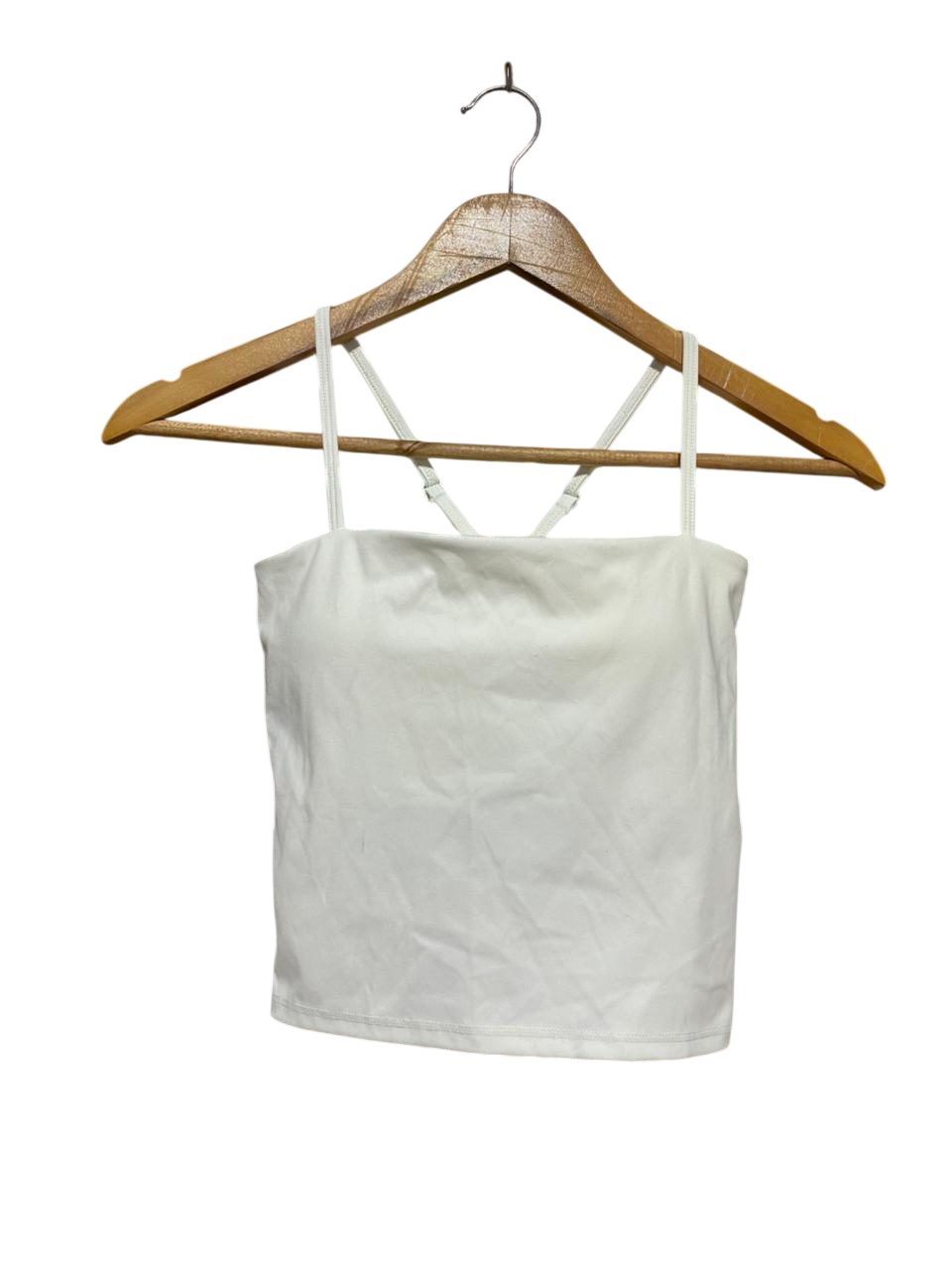 MUSCLE REPUBLIC |XS| BUST 14| B27| WHITE CROPPED CAMI TANK TOP WITH BUILT-IN BRA AND CROSS-BACK STRAPS