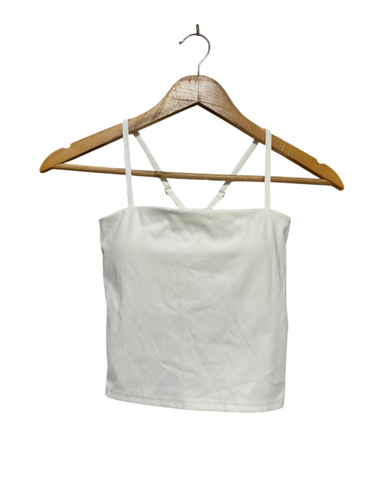 MUSCLE REPUBLIC |XS| BUST 14| B27| WHITE CROPPED CAMI TANK TOP WITH BUILT-IN BRA AND CROSS-BACK STRAPS