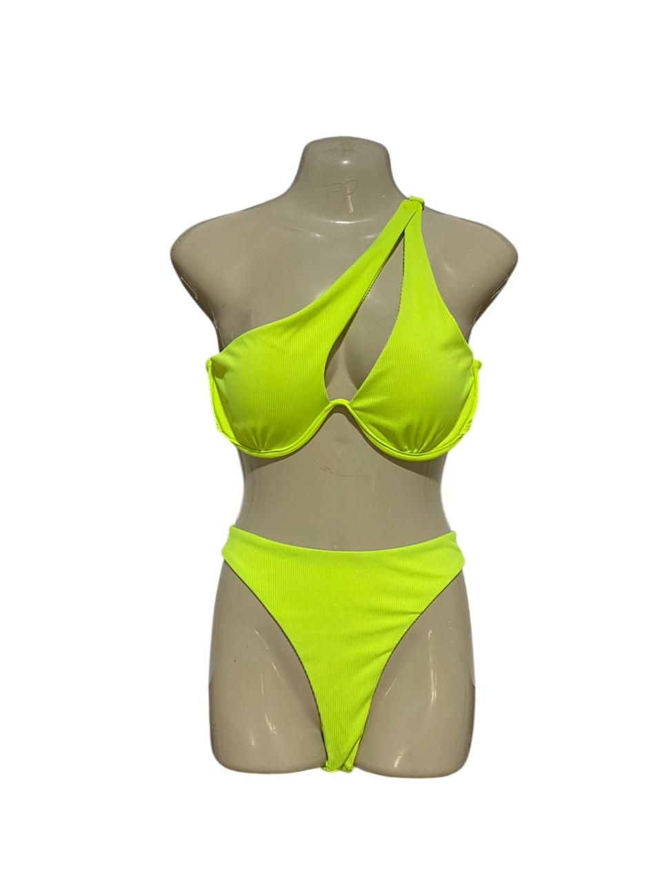 |S| B27| WOMEN NEON LIME GREEN RIBBED ONE-SHOULDER BIKINI SET