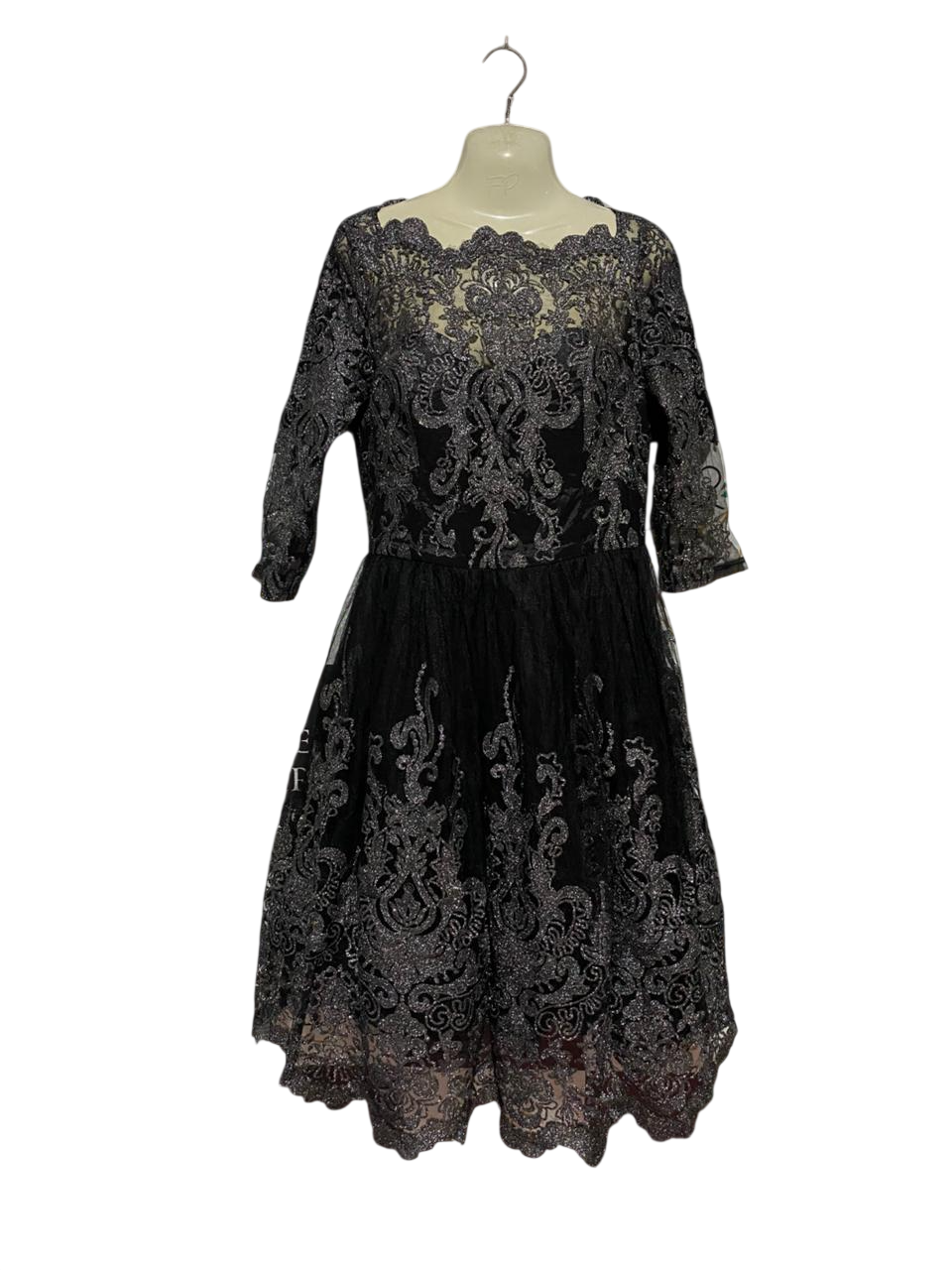 CHI CHI |L| BUST 18| B28| BLACK METALLIC SILVER LACE PARTY DRESS