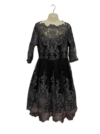 CHI CHI |L| BUST 18| B28| BLACK METALLIC SILVER LACE PARTY DRESS
