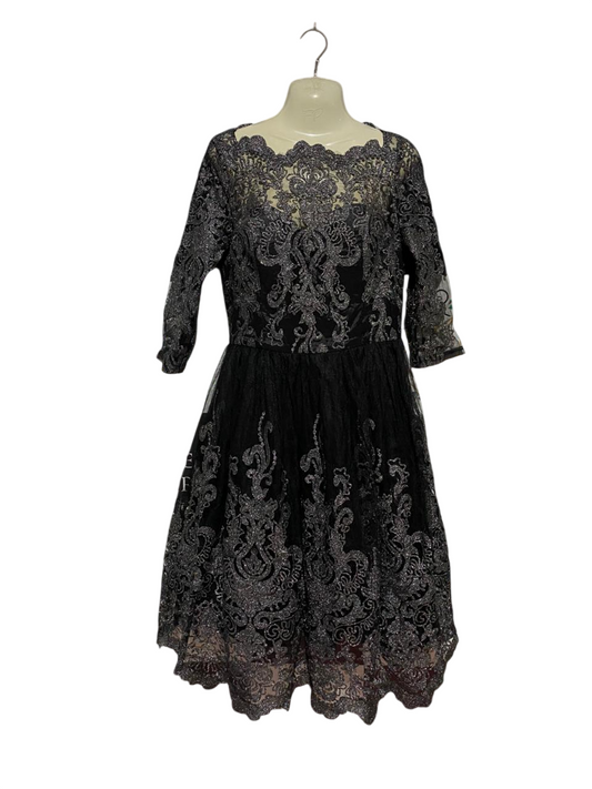 CHI CHI |L| BUST 18| B28| BLACK METALLIC SILVER LACE PARTY DRESS