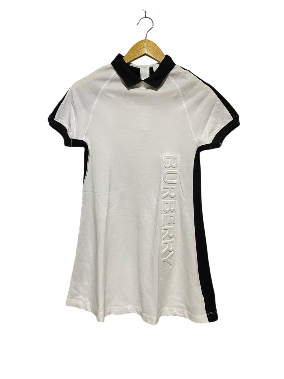 BURBERRY |S| BUST 16| B28| WHITE AND BLACK EMBOSSED LOGO POLO MINI DRESS
