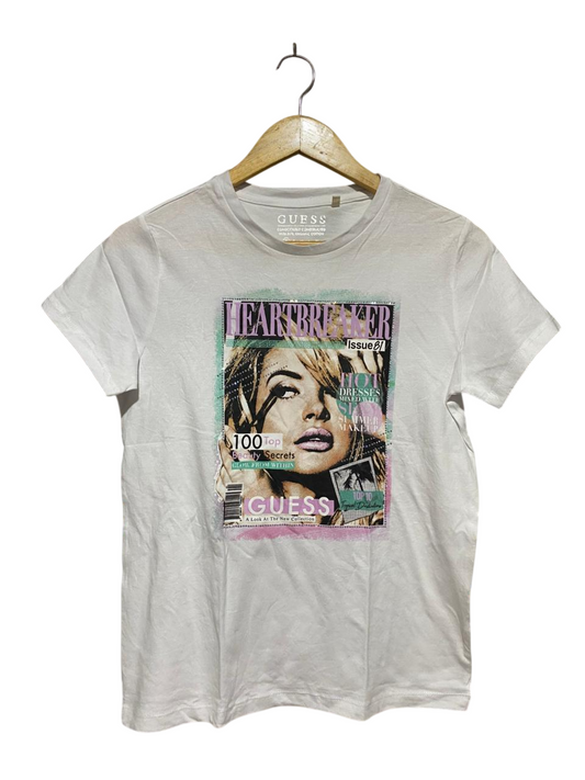 GUESS |L| BUST 18| B28| HEARTBREAKER MAGAZINE GRAPHIC T-SHIRT WHITE