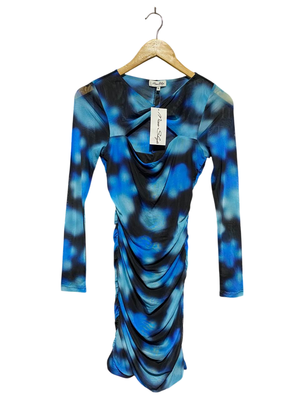 MISS SHOP |XS| BUST 13| B28| BLUE ABSTRACT PRINT RUCHED MESH BODYCON DRESS