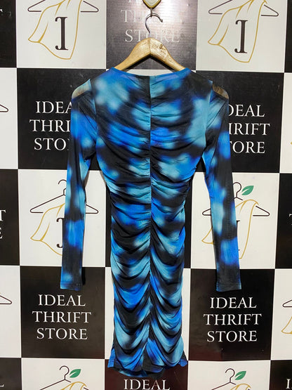 MISS SHOP |XS| BUST 13| B28| BLUE ABSTRACT PRINT RUCHED MESH BODYCON DRESS