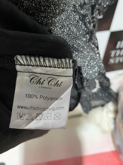 CHI CHI |L| BUST 18| B28| BLACK METALLIC SILVER LACE PARTY DRESS