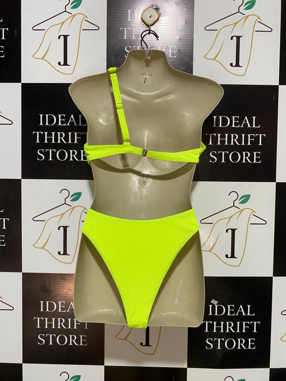 |S| B27| WOMEN NEON LIME GREEN RIBBED ONE-SHOULDER BIKINI SET