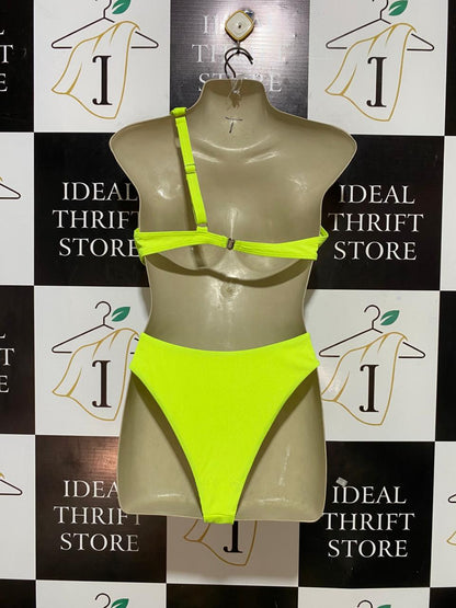|S| B27| WOMEN NEON LIME GREEN RIBBED ONE-SHOULDER BIKINI SET
