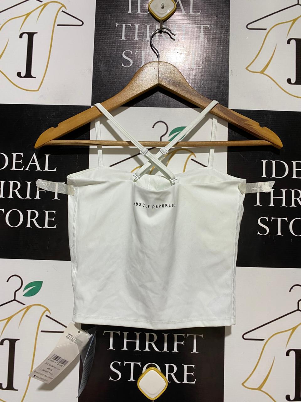 MUSCLE REPUBLIC |XS| BUST 14| B27| WHITE CROPPED CAMI TANK TOP WITH BUILT-IN BRA AND CROSS-BACK STRAPS