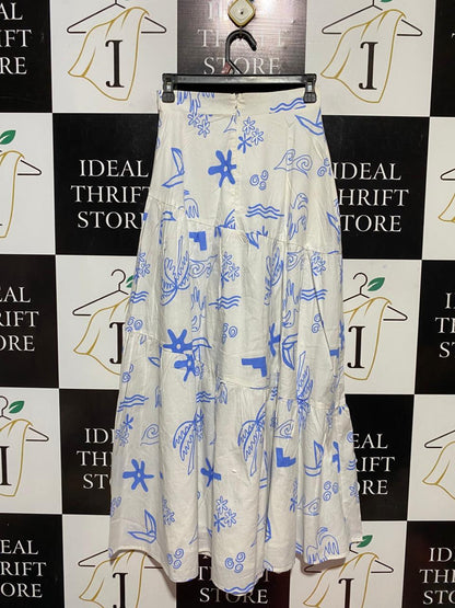 ANGEL BIBO |XS| WAIST 24| B27| WHITE AND BLUE ABSTRACT DOODLE PRINT TIERED MAXI SKIRT WITH WAIST TIE
