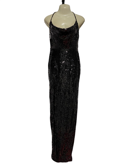 NOOKIE |S| BUST 16| B28| PREMIUM BLACK COWL-NECK BACKLESS SHIMMER SEQUIN EVENING LONG MAXI DRESS