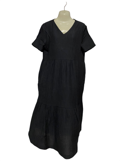 FFAN |L| BUST 20| B28| PREMIUM BLACK V-NECK TIERED MIDI COTTAGE DRESS WITH POCKETS