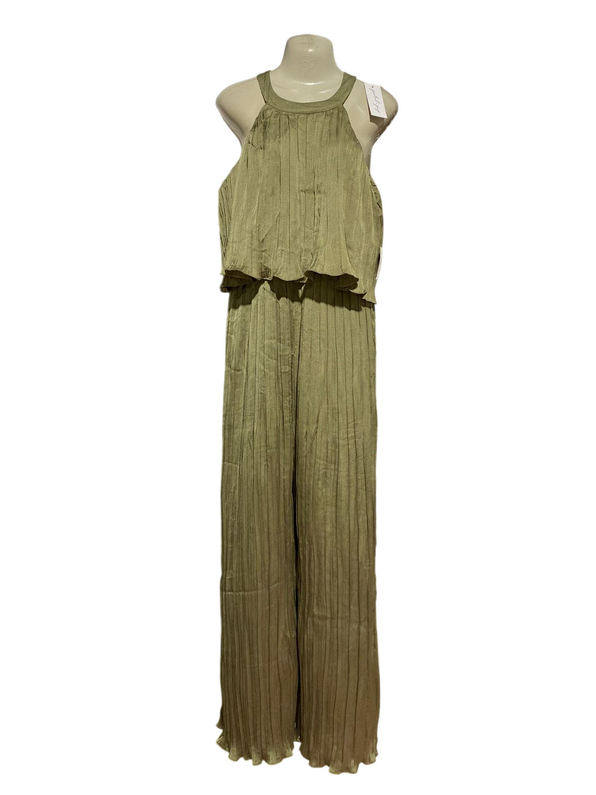 PETAL PUP |M| BUST 18| B28| PREMIUM OLIVE GREEN PLEATED HALTER NECK JUMPSUIT WITH WIDE-LEG TROUSERS