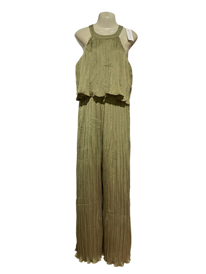 PETAL PUP |M| BUST 18| B28| PREMIUM OLIVE GREEN PLEATED HALTER NECK JUMPSUIT WITH WIDE-LEG TROUSERS