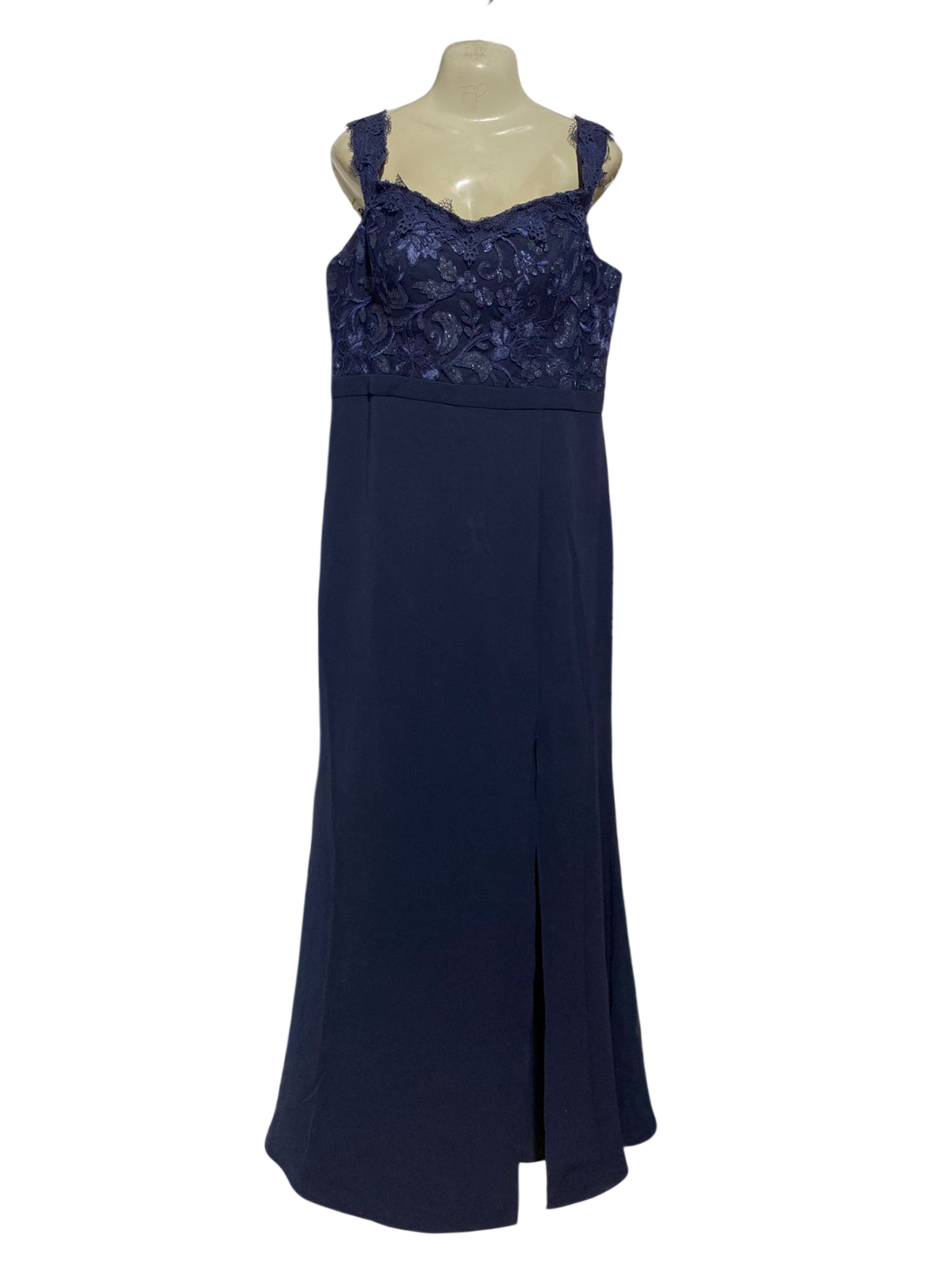 FOREVER NEW |L| BUST 19| B28| PREMIUM NAVY BLUE EMBROIDERED LACE EVENING LONG MAXI DRESS WITH FRONT SLIT
