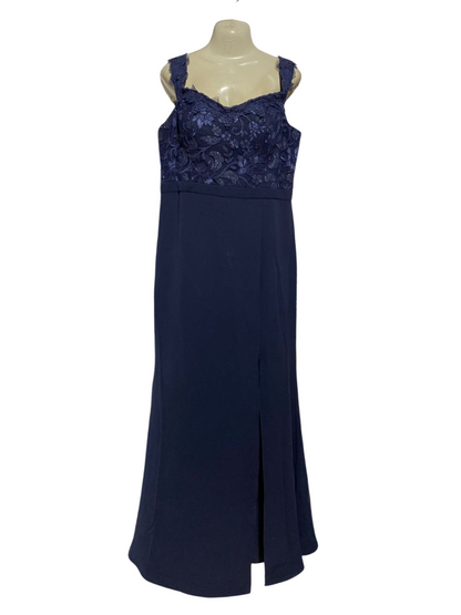 FOREVER NEW |L| BUST 19| B28| PREMIUM NAVY BLUE EMBROIDERED LACE EVENING LONG MAXI DRESS WITH FRONT SLIT