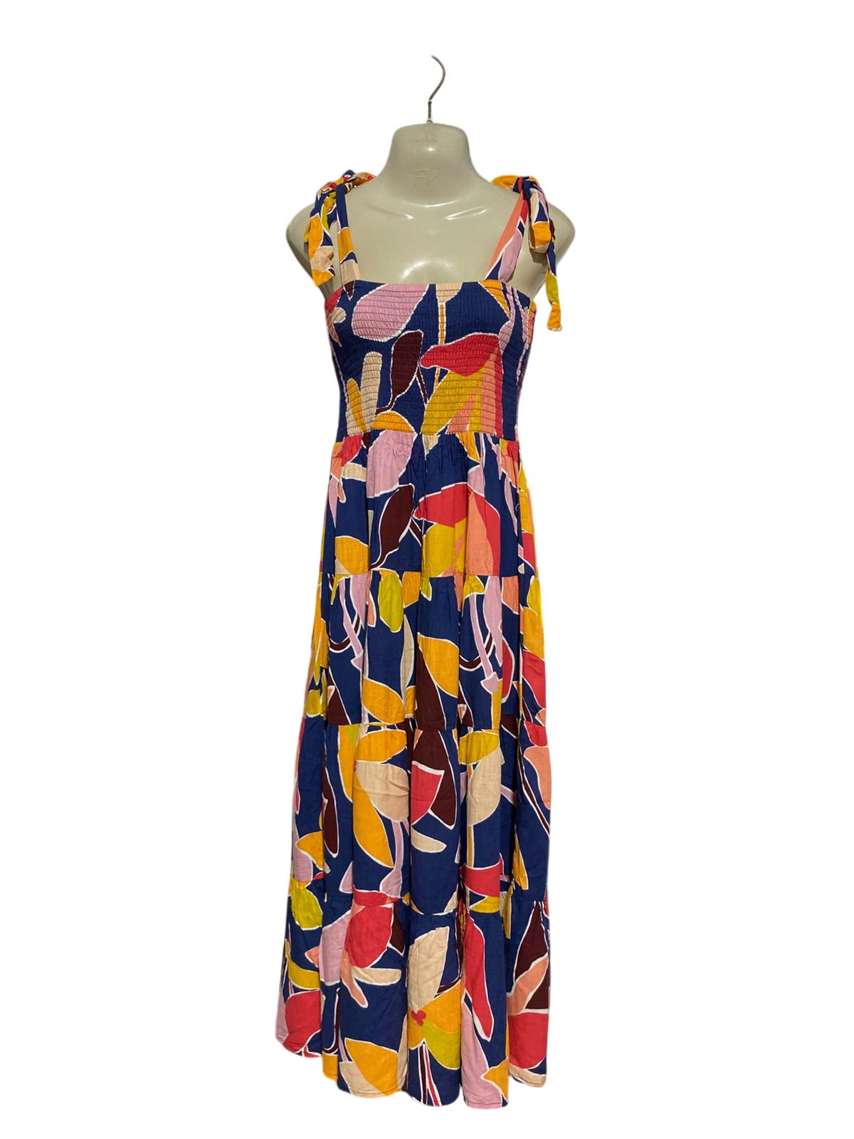 MISTER ZIMI |M| BUST 15| B28| PREMIUM MULTICOLOR TROPICAL ABSTRACT SMOCKED TIERED LONG MAXI DRESS
