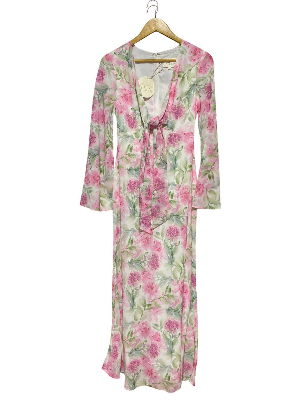 SUN |S| BUST 16| B28| PINK FLORAL BELL SLEEVE LONG MAXI DRESS