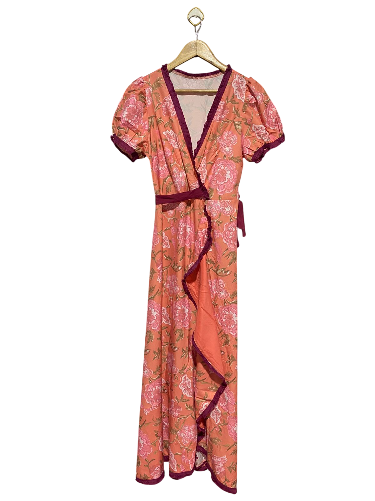 |M| BUST 17| B28| PREMIUM PEACH FLORAL WRAP LONG MAXI DRESS WITH RUFFLE TRIM