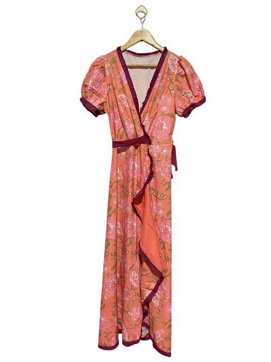 |M| BUST 17| B28| PREMIUM PEACH FLORAL WRAP LONG MAXI DRESS WITH RUFFLE TRIM
