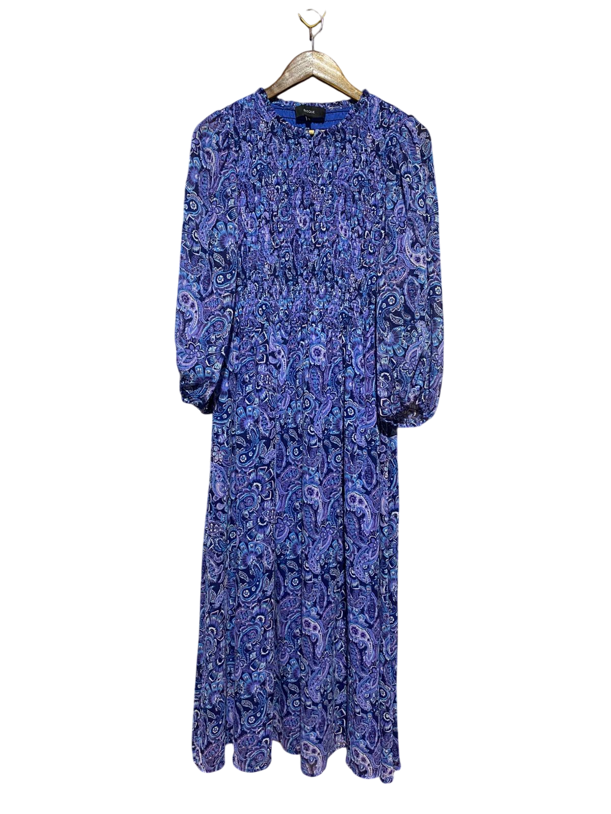 BASQUE |L| BUST 19| B28|BLUE PAISLEY PRINT SMOCKED LONG MAXI DRESS