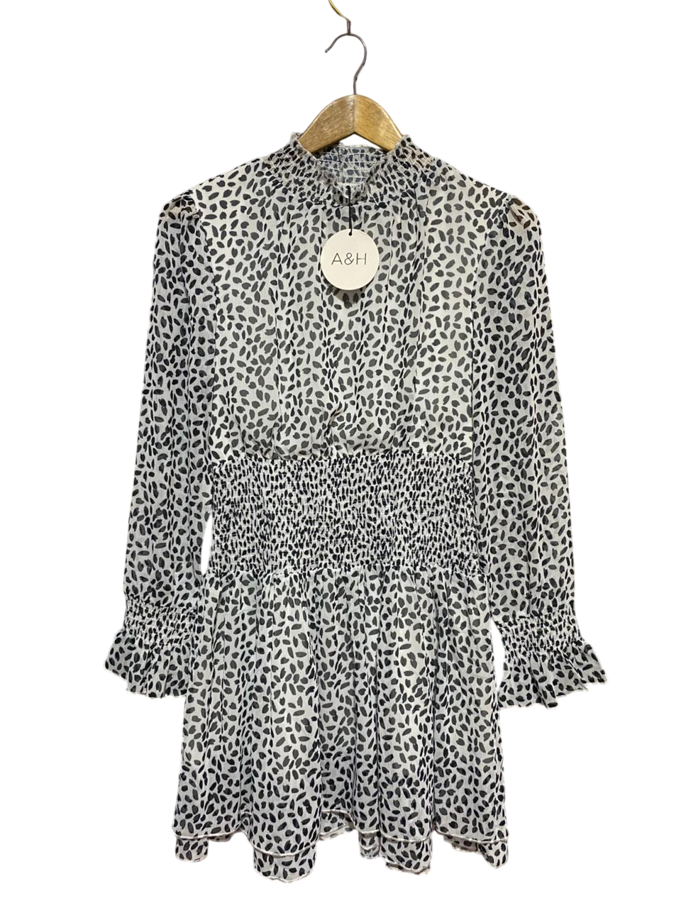 ATMOS & HERE |M| BUST 17| B28| SMOCKED PATTERNED LONG SLEEVE MINI DRESS