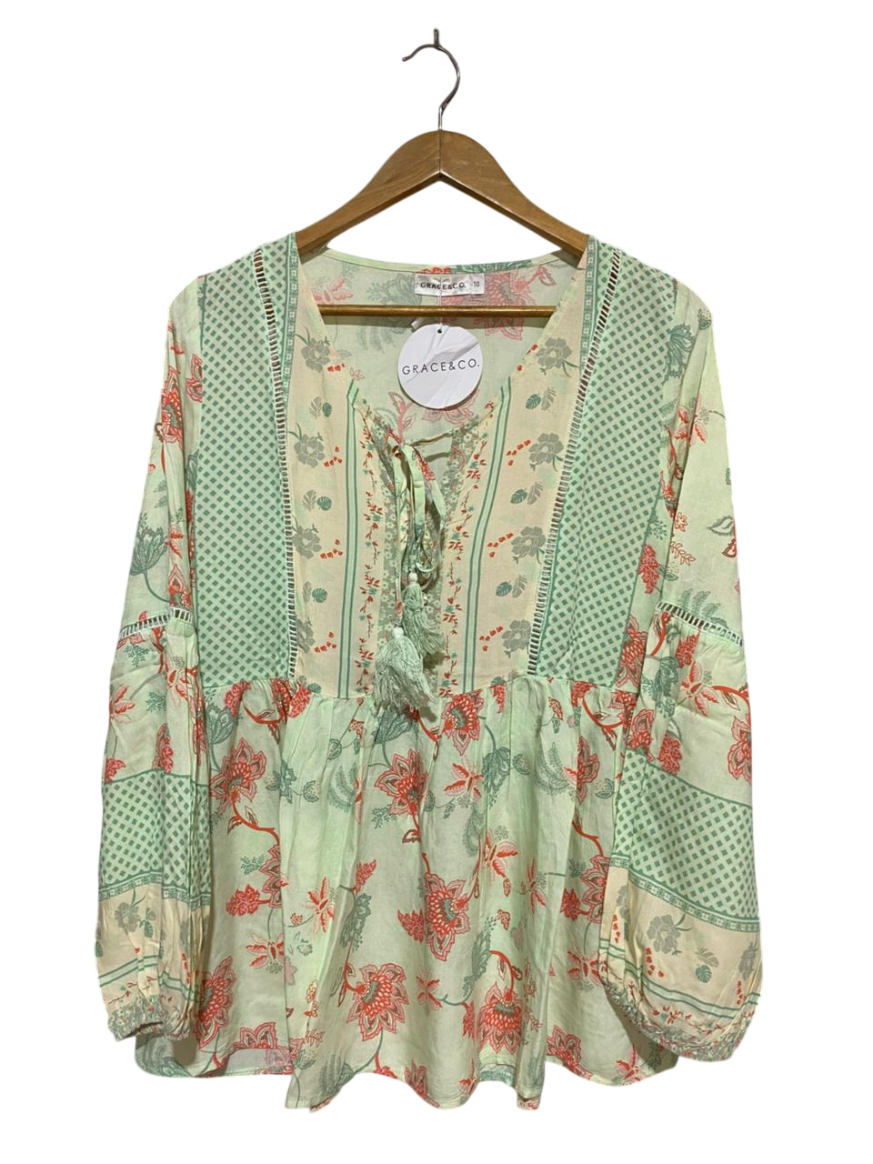 GRACE & CO |M| BUST 18| B29| WOMEN'S BOHO FLORAL PRINT TIE-NECK BLOUSE / TOP