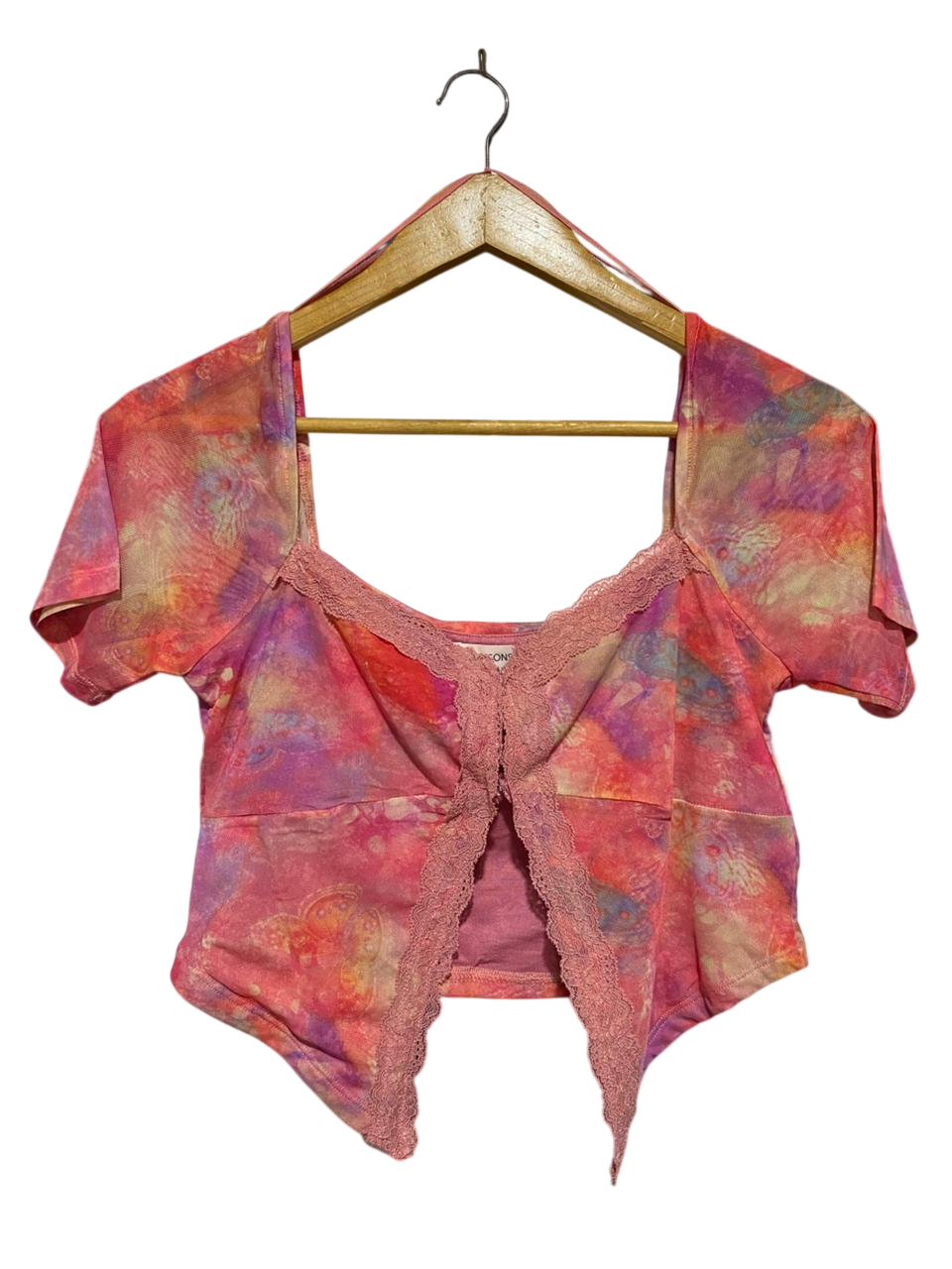 GLASSONS |M| BUST 16| B29| VINTAGE WOMEN'S TIE-DYE LACE-TRIM ASYMMETRICAL CROP TOP
