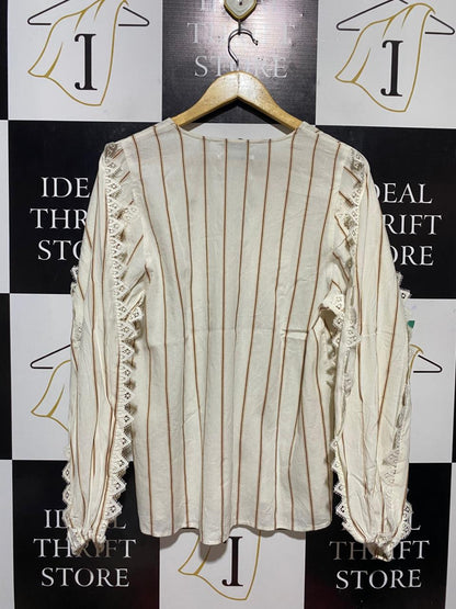 COUNTRY ROAD |XL| BUST 20| B28| LACE-TRIM STRIPED LINEN BLOUSE