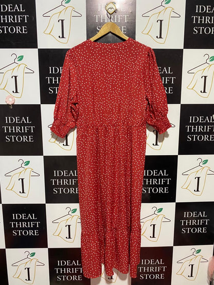 SHEIN |XL| BUST 21| B28| RED POLKA DOT V-NECK MIDI DRESS WITH SMOCKED CUFFS
