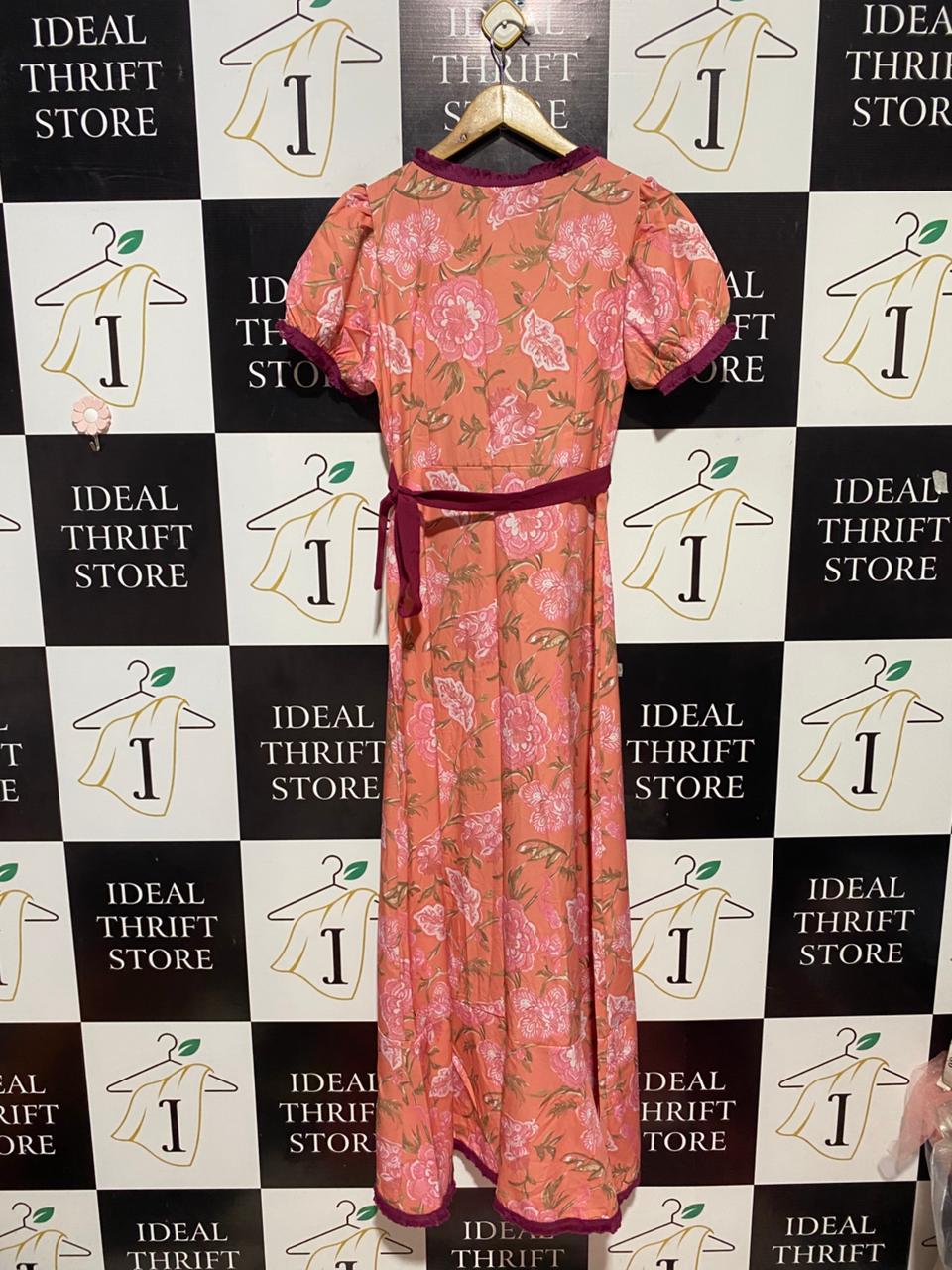 |M| BUST 17| B28| PREMIUM PEACH FLORAL WRAP LONG MAXI DRESS WITH RUFFLE TRIM