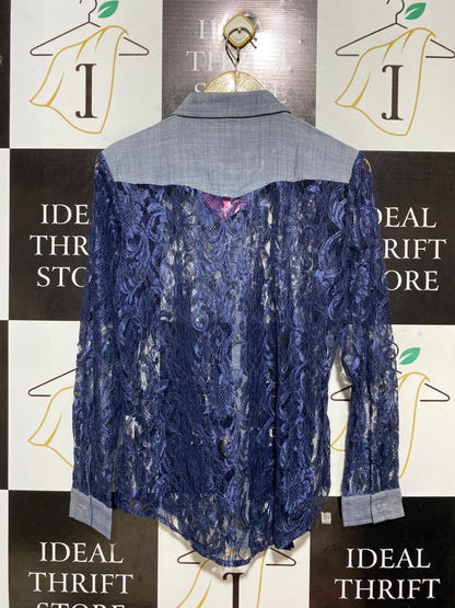 TOGETHER |L| BUST 20| B28| LACE AND CHAMBRAY BUTTON-DOWN SHIRT