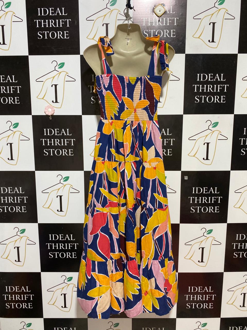 MISTER ZIMI |M| BUST 15| B28| PREMIUM MULTICOLOR TROPICAL ABSTRACT SMOCKED TIERED LONG MAXI DRESS