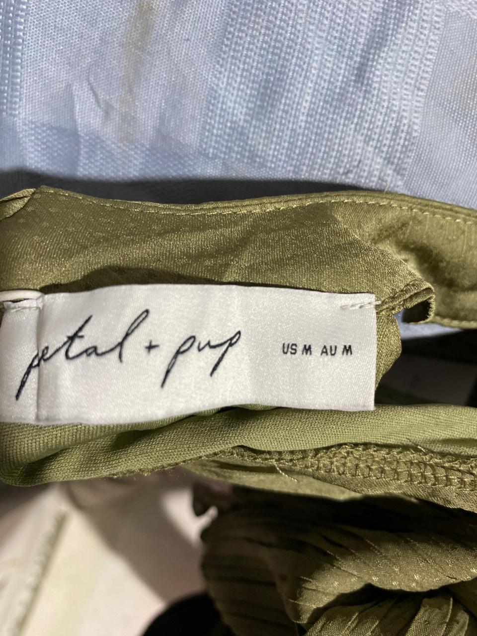 PETAL PUP |M| BUST 18| B28| PREMIUM OLIVE GREEN PLEATED HALTER NECK JUMPSUIT WITH WIDE-LEG TROUSERS