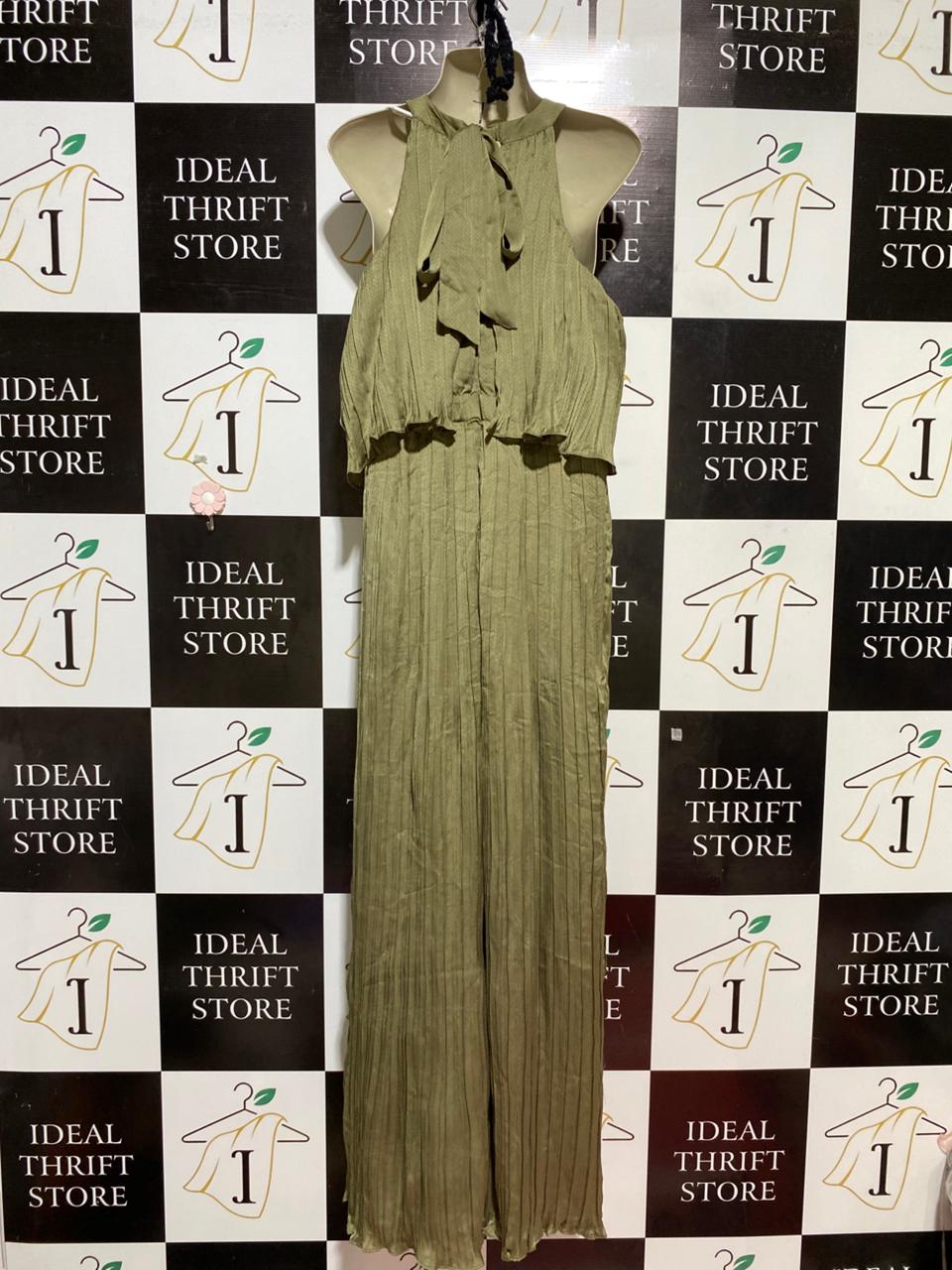 PETAL PUP |M| BUST 18| B28| PREMIUM OLIVE GREEN PLEATED HALTER NECK JUMPSUIT WITH WIDE-LEG TROUSERS